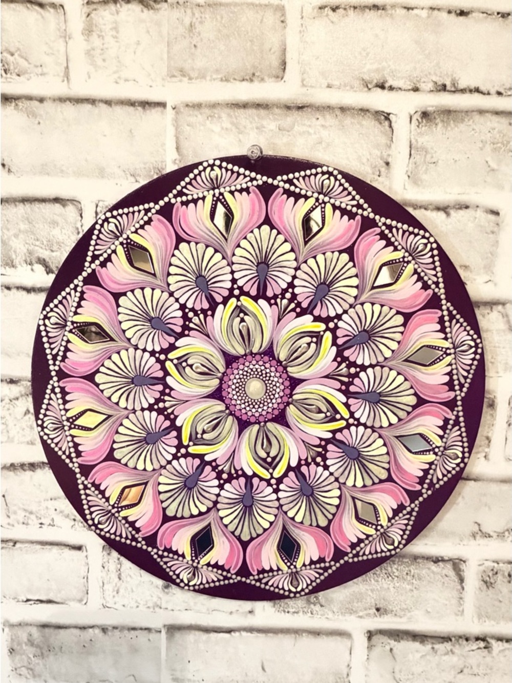 Hand Painted Mandala Wall Art 12” . Floral Pink on Plum Background. Boho Decor.